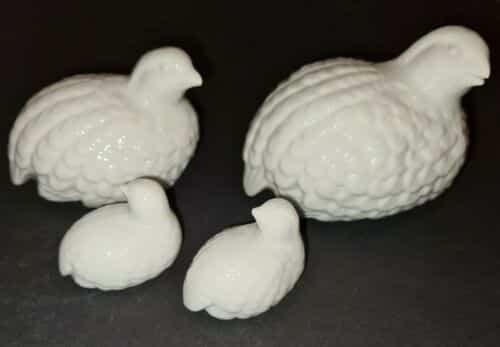 4 QUAIL FIGURINES Porcelain – JAPAN – GLOSS WHITE Cock, Hen & 2 Chicks