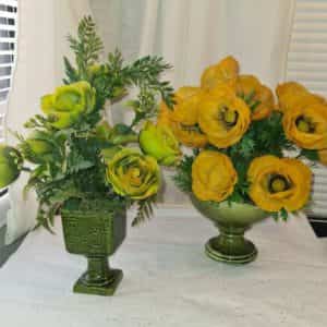 2 VTG Vases with Plastic Floral Arrangements Poppies Roses Val-U Dallas Japan