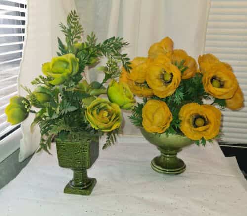 2 VTG Vases with Plastic Floral Arrangements Poppies Roses Val-U Dallas Japan