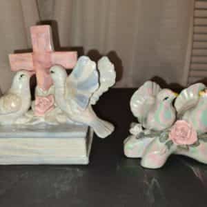 2 Vtg White Iridescent CHRISTIAN CROSS Doves BIBLE Branch Roses Figurines