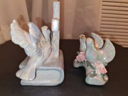 2-vtg-white-iridescent-christian-cross-doves-bible-branch-roses-figurines