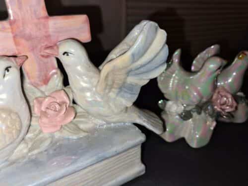 2-vtg-white-iridescent-christian-cross-doves-bible-branch-roses-figurines