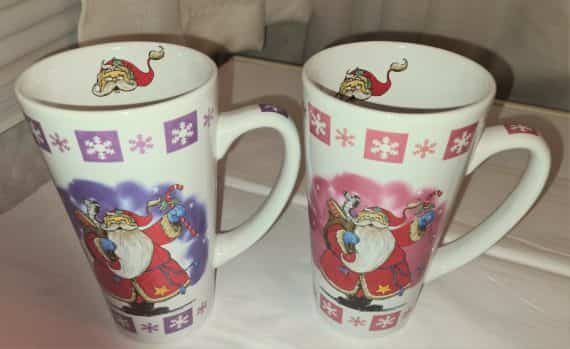 stoneware-santa-coffee-mugs-lot-of-2-with-image-inside-pink-and-purple-new-heavy