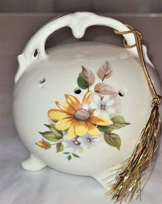 Ceramic Pomander Footed Handled Sachet Gold Trim Tassel White Yellow Flowers