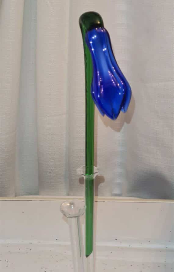 Cobalt Blue Closed Tulip Style Hand Blown Long Stem Murano Style Art Glass 11″