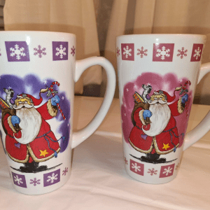 Stoneware Santa Coffee Mugs Lot Of 2 with Image inside Pink and Purple NEW HEAVY