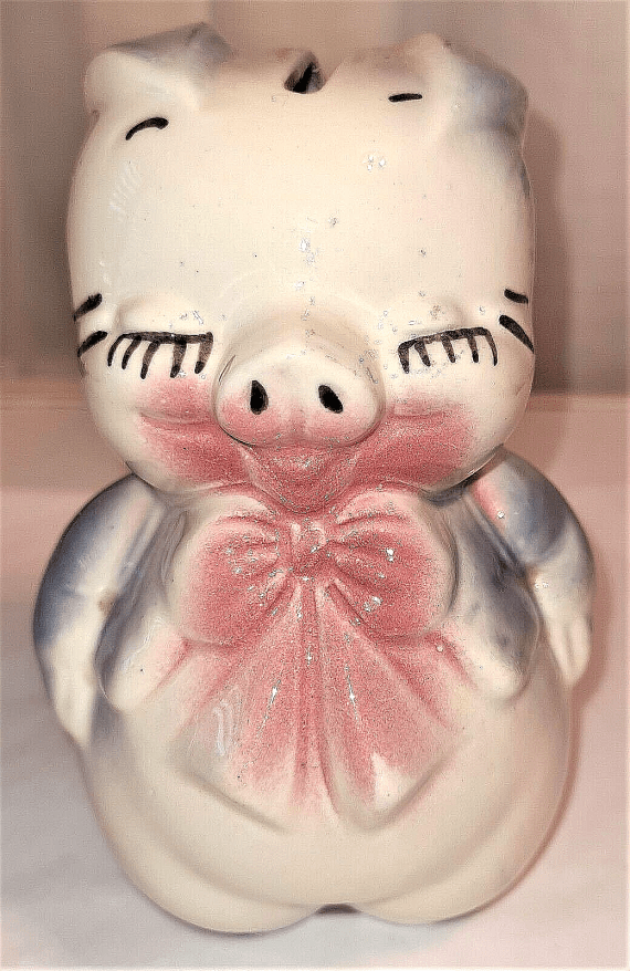 Vintage PIG Ceramic Pottery Piggy Bank Blue Pink White Coin Bank
