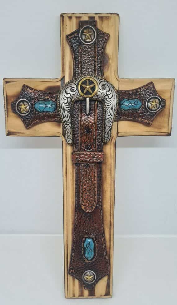 Wood and Poly Resin Cross with Leather Look Belt