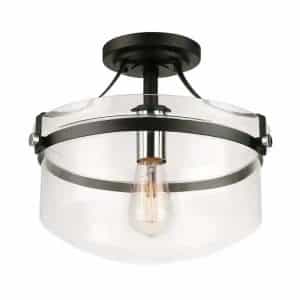 Globe Electric 61260 Ella 13 in. 1-Light Matte Black Semi-Flush Mount with Chrome Accents and Clear Glass Shade, Incandescent Bulb Included