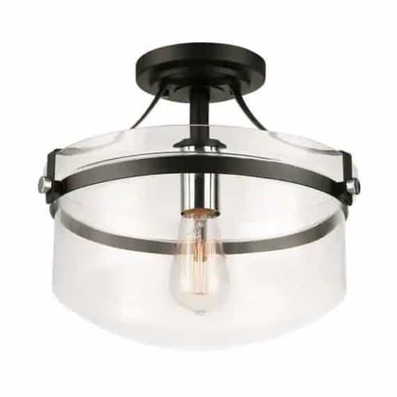Globe Electric 61260 Ella 13 in. 1-Light Matte Black Semi-Flush Mount with Chrome Accents and Clear Glass Shade, Incandescent Bulb Included