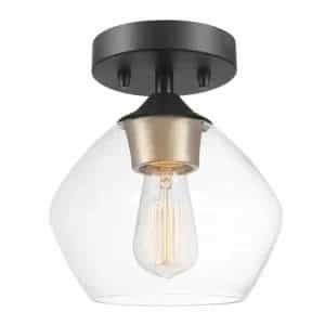 Globe Electric 60333 Harrow 1-Light Matte Black Semi-Flush Mount Ceiling Light with Gold Accent Socket and Clear Glass Shade