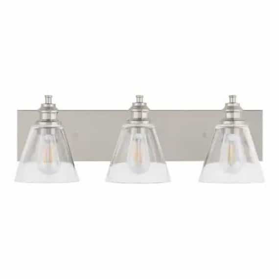 Hampton Bay 1012HBPNDI Manor 24 in. 3-Light Polished Nickel Industrial Bathroom Vanity Light with Clear Glass Shades