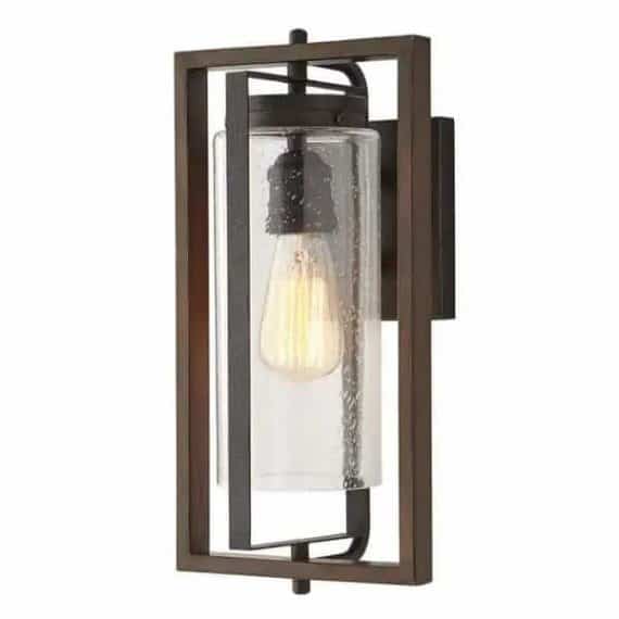 Home Decorators Collection 7972HDCGIDI Palermo Grove 8 in. 1-Light Gilded Iron Rustic Farmhouse Outdoor Wall Lantern Sconce with Walnut Wood Accents