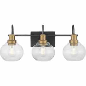 Home Decorators Collection 1019HDCMBVBDI Halyn 23 in. 3-Light Matte Black with Vintage Brass Bathroom Vanity Light Accents and Clear Glass Shades