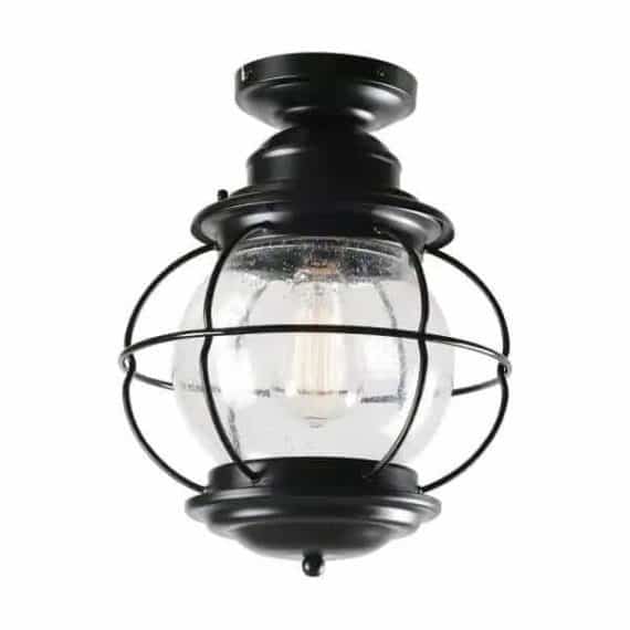 Home Decorators Collection HDP13671 Greer 1-Light Black Outdoor Semi-Flush Mount Lantern with Caged Seeded Glass