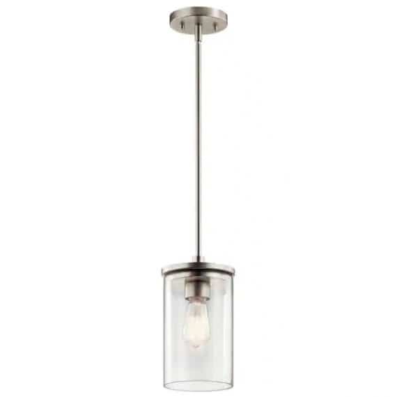 KICHLER 43996NI Crosby 1-Light Brushed Nickel Contemporary Kitchen Mini Pendant Hanging Light with Clear Glass