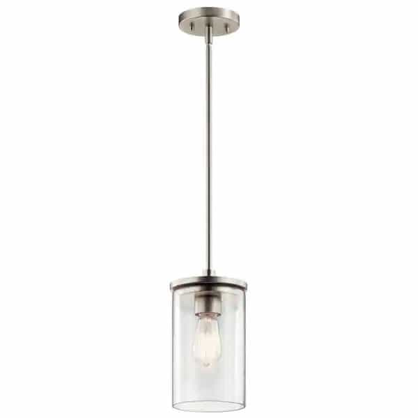 KICHLER 43996NI Crosby 1-Light Brushed Nickel Contemporary Kitchen Mini Pendant Hanging Light with Clear Glass
