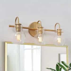 LALUZ LLRBVYHL135697V Robb Modern 3-Light Gold Bathroom Vanity Light Interior Powder Room Lighting with Clear Globe Shades