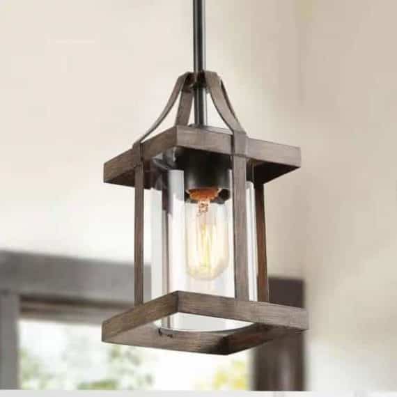 LNC A03408 1-Light Rustic Caged Textured Dark Brown Farmhouse Pendant Light with Modern Clear Glass Shade and Antique Wood Accent