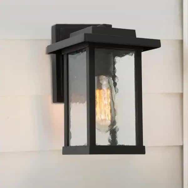 LNC A03321S Craftsman 11 in. H 1-Light Textured Black Outdoor Wall Lantern Sconce with Water Glass Shade Exterior Light Fixture