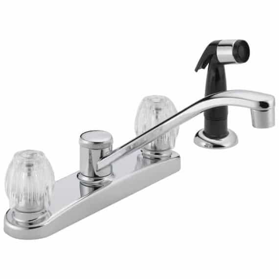 Peerless P225LF Chrome 2-Handle Deck-Mount Low-Arc Handle Kitchen Faucet (Deck Plate Included)