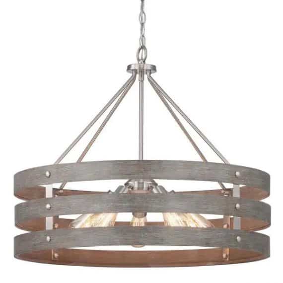 Progress Lighting P400184-009 Gulliver 27-3/4 in. 5-Light Brushed Nickel Farmhouse Drum Chandelier with Weathered Gray Wood Accents for Dining Room