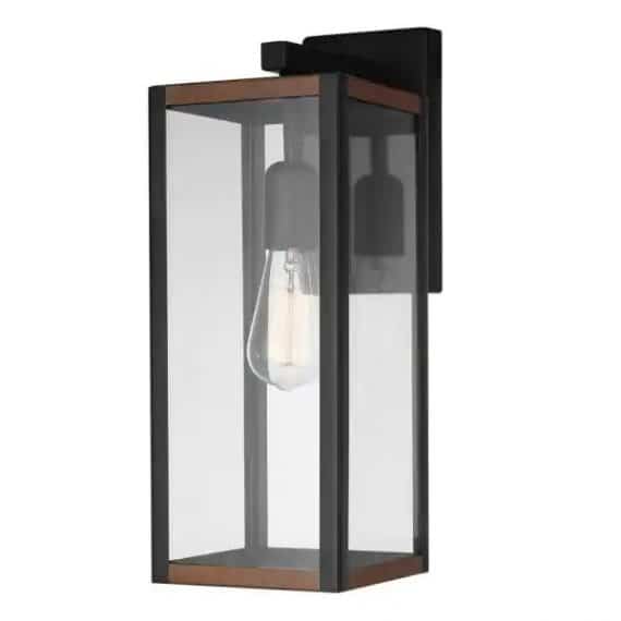 globe-electric-44681-bowery-1-light-matte-black-outdoor-indoor-wall-lantern-sconce-with-faux-wood-accents-and-clear-glass-shade