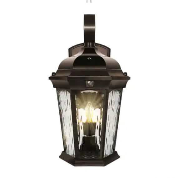 Euri Lighting 2-Light 14.6 in Bronze Motion Sensing Integrated LED Outdoor Wall Lantern Sconce with Flickering Bulb/Clear Glass