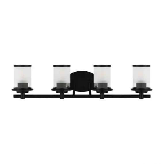 Hampton Bay 32.1 in. Truitt 4-Light Matte Black Transitional Bathroom Vanity Light with Sand and Clear Glass Shades