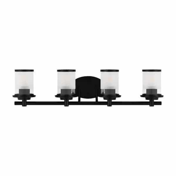 Hampton Bay 32.1 in. Truitt 4-Light Matte Black Transitional Bathroom Vanity Light with Sand and Clear Glass Shades
