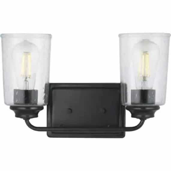 Hampton Bay 1015HBMBDI Evangeline 13.625 in. 2-Light Matte Black Farmhouse Bathroom Vanity Light with Clear Seeded Glass Shades