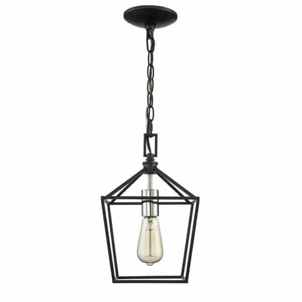 Home Decorators Collection 16201-BK-CR Weyburn 1-Light Caged Black and Polished Chrome Mini Pendant, Farmhouse Lantern Hanging Light, Kitchen Pendant Lighting