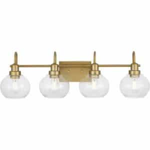 Home Decorators Collection Halyn 31.375 in. 4-Light Vintage Brass Bathroom Vanity Light with Clear Glass Shades