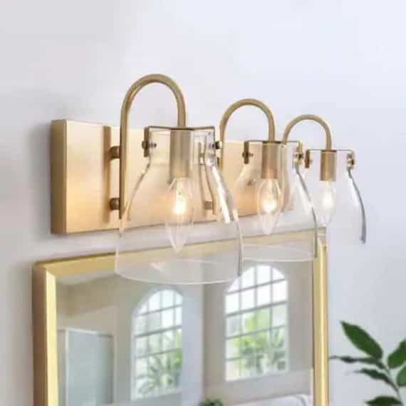 LNC LLMFEEHL13592AU Gold Vanity Light, Bell 3-Light Brass Mirror Wall Sconce Powder Room Wall Light with Bell Clear Glass Shades