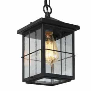 LNC NA7NNFHD1254P47 Modern Farmhouse Black Outdoor Hanging Lantern 1-Light Coastal Pendant with Seeded Glass Shade for Covered Patio Porch