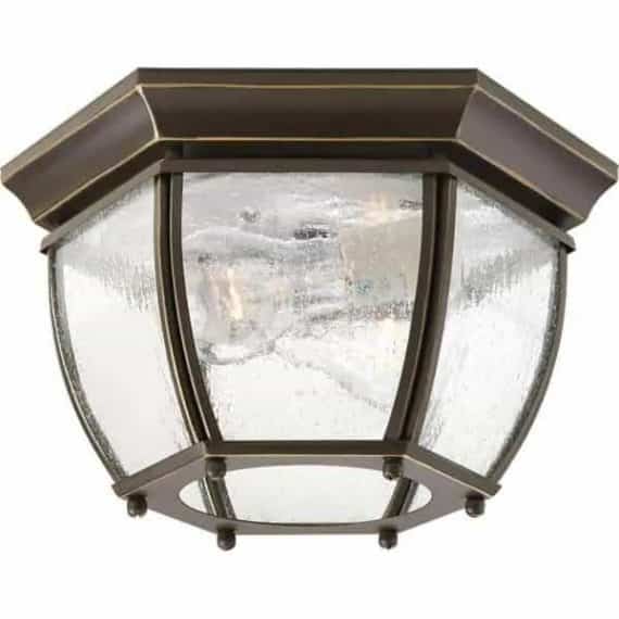 Progress Lighting P6019-20 Roman Coach Collection 2-Light Antique Bronze Clear Seeded Glass Traditional Outdoor Close-to-Ceiling Light