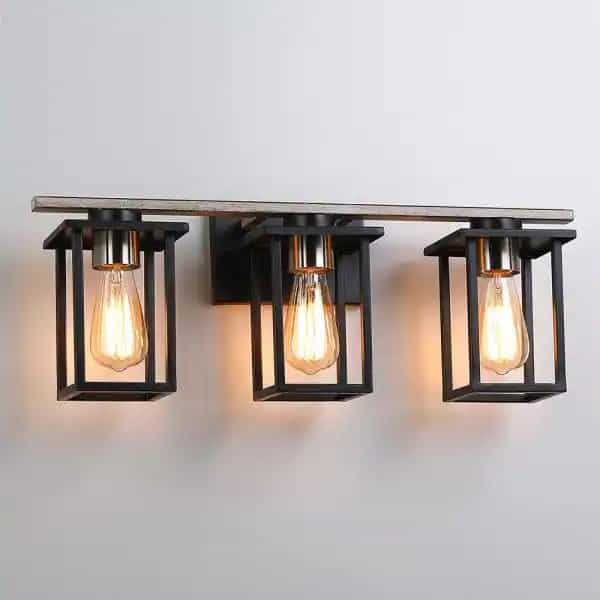 TRUE FINE TD20008W 24.4 in. 3-Light Matt Black/Wood Tone Rustic Farmhouse Bathroom Vanity Light with Open Cage Shades