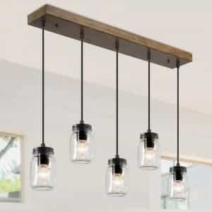 Uolfin A7Y7VFHD23709VZ Modern Mason Jar Chandelier Light Firefly 5-Light Black Linear Island Pendant Light with Rustic Faux Wood Accent