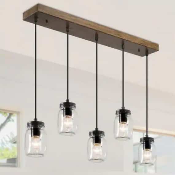 Uolfin A7Y7VFHD23709VZ Modern Mason Jar Chandelier Light Firefly 5-Light Black Linear Island Pendant Light with Rustic Faux Wood Accent