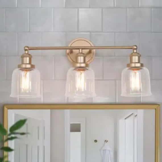Uolfin 62857IBQZUN4023 Modern Bell Bathroom Vanity Light Mila 3-Light Brass Gold Circle Powder Room Wall Sconce Light with Clear Glass Shades