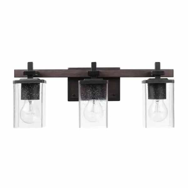 globe-electric-51676-dakota-20-in-3-light-matte-black-vanity-light-with-dark-faux-wood-accents-and-clear-seeded-glass-shade