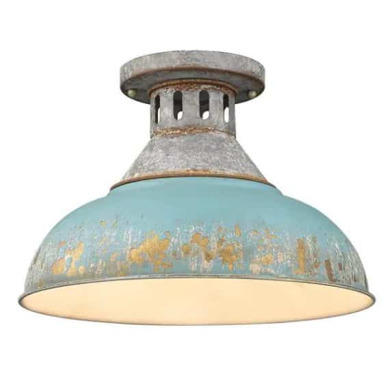 Golden Lighting 0865-SF AGV-TEAL Kinsley 14 in. 1-Light Aged Galvanized Steel Teal Shade Semi-Flush Mount
