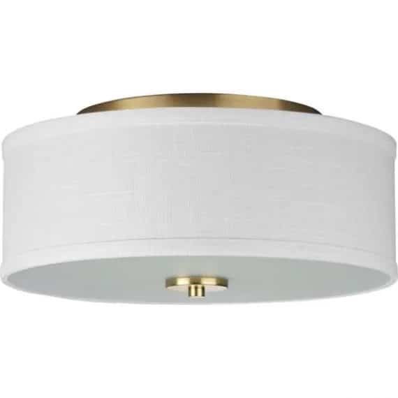 P350130-012 2-Light Satin Brass Summer Linen Shade Transitional Kitchen Ceiling Light Drum Flush Mount