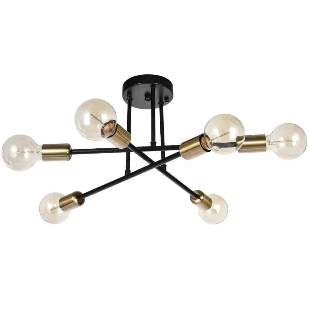 RRTYO YL002947BL Highlandville 23.62 in. 6-Light Black and Gold Sputnik Semi Flush Mount