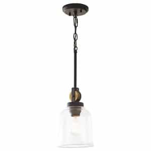 Home Decorators Collection 7994HDCBBDI Knollwood 7 in. 1-Light Blackened Bronze Industrial Mini Pendant Light with Vintage Brass Accents & Clear Glass Shade
