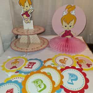 Pebbles Flintstone Party Set Cupcake Stand – Centerpiece – Happy Birthday Banner