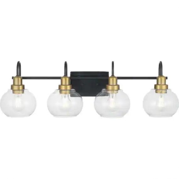 home-decorators-collection-1020hdcmbvbdi-halyn-31-375-in-4-light-matte-black-with-vintage-brass-bathroom-vanity-light-accents-and-clear-glass-shades