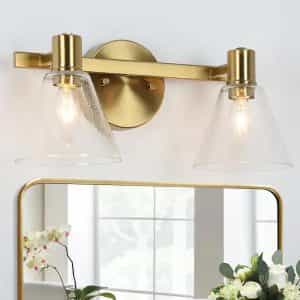 Zevni Z-G7ZMVRNR-4582 15 in. 2-Light Brass-Plated Modern Bathroom Vanity Light, Cone Seeded Glass Bath Lighting, Farmhouse Wall Sconce
