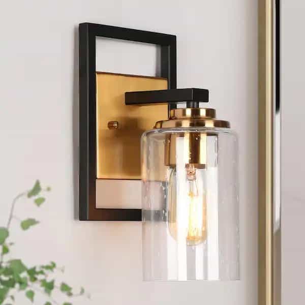 Zevni Z-H7Q7FVUR-4544 Cucko 1-Light Brass Gold Modern Indoor Wall Sconce, Black Bathroom Vanity Light, Cylinder Seeded Glass Wall Light