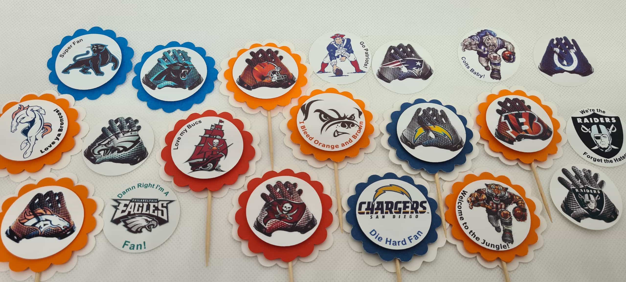 Football Cupcake Toppers ANY TEAM Personalized Super Bowl Party Set of 12